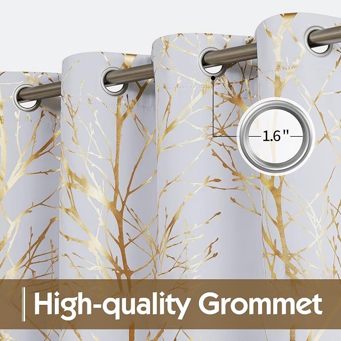 FMFUNCTEX 100% Blackout Ivory Gold Foil Tree Curtains 45 Inch Long 2 Panels | - Image 3