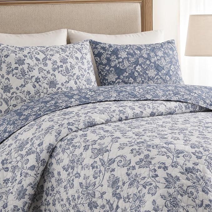 Oversized Queen Quilt Set-3 Pieces Soft Bedding Floral Reversible Coverlet | - Image 7