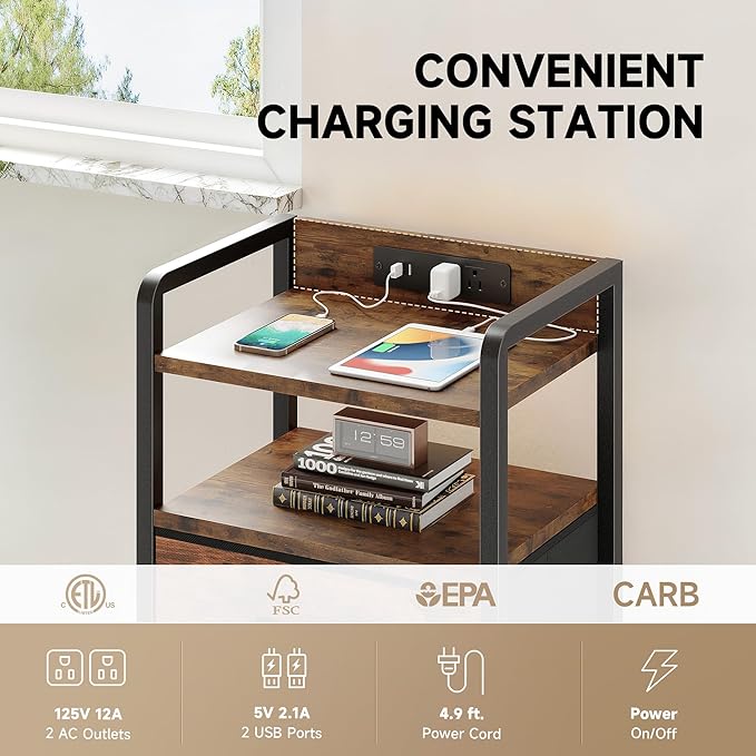 Lazzanto Nightstand with Rear Charging Station, LED Light, 3 Drawers, 2 USB-A - Image 5