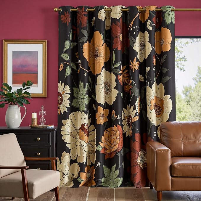 jinchan Black Boho Floral Blackout Curtains W100xL96 Grommet 1 Panel | Room - Image 7