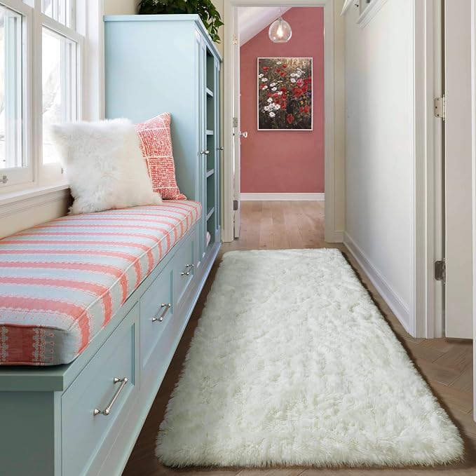Cream White Runner Rugs for Bedroom Living Room, Ivory Fluffy 2x6 Bedside - Image 5