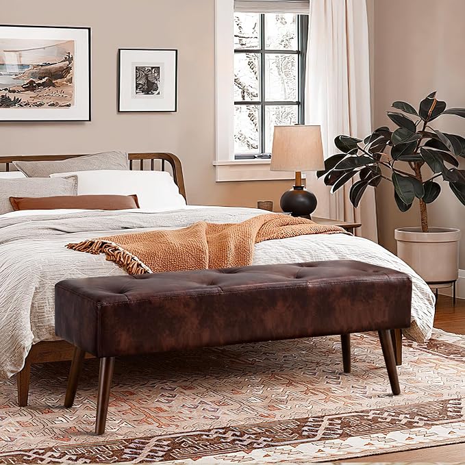Furnimart Faux Leather Bench Ottoman, Tufted Button Bedroom Benches Footrest - Image 2