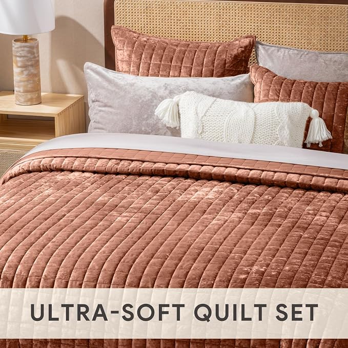 RECYCO Channel Box Stitch Velvet Quilt Set, King Size, Terracotta | Ultra Soft - Image 4