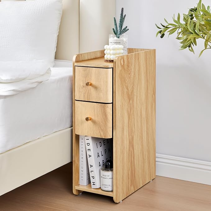 Narrow Nightstand Set of 2, Wooden Small 2 Drawer Nightstand, Slim Side End - Image 7