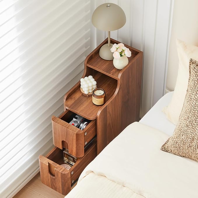 Narrow Nightstand Set of 2, Wood 2 Drawer Small Nightstand, Slim Side Table - Image 3