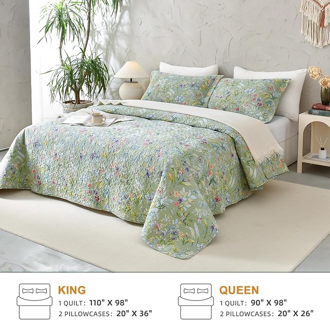 QSH 100% Cotton Quilt Queen Size Bedding Set 3Pcs Green Floral Quilt Set Summer - Image 6