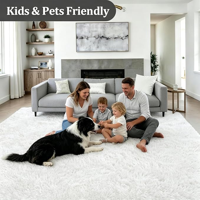 Area Rug Living Room Bedroom: 5x7 Fluffy Plush Shag Carpet Ivory | - Image 4
