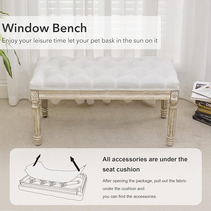 LOULENS 31'' Entryway Bench, Linen Upholstered End of Bed Bench, Brushed Wood - Image 4