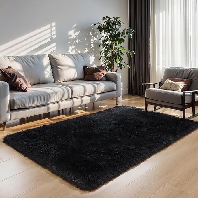 6x9 Black Shag Rug for Bedroom, Soft Plush Fluffy Washable Carpet | Black Area - Image 9