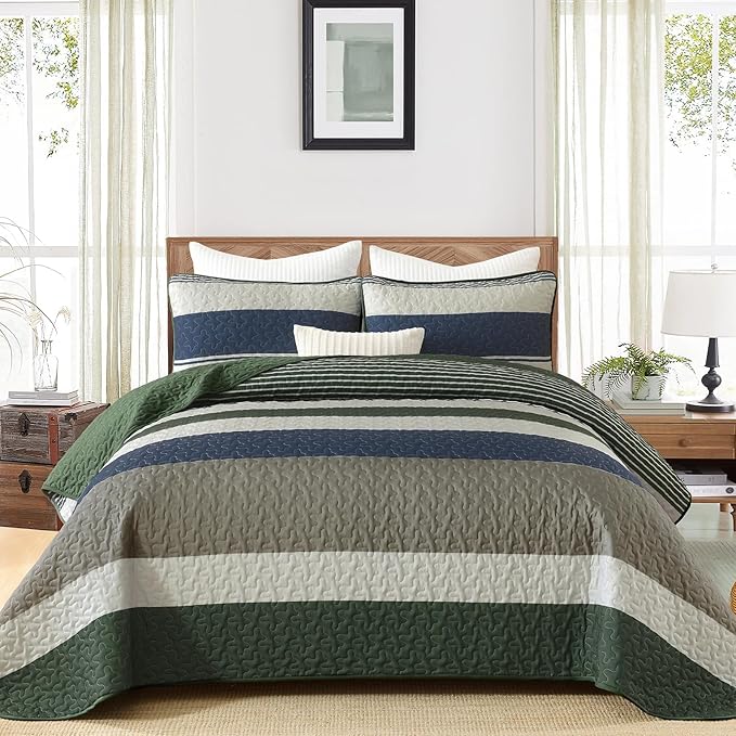 Dinjoy Queen Boho Striped Quilt Set, Breathable All-Season, 3-Piece Set Fits by DINJOY
