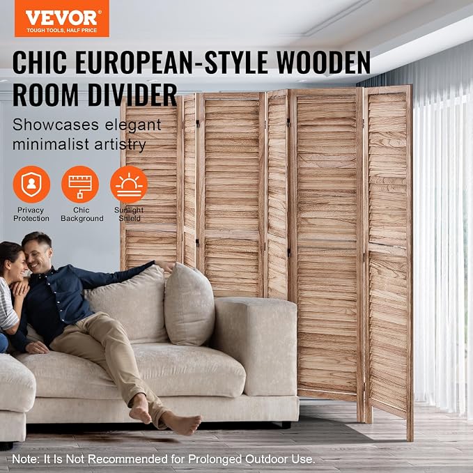 VEVOR Wood Room Divider, 6 Panel Wood Folding Privacy Screen, 66.9 Inches Tall - Image 2