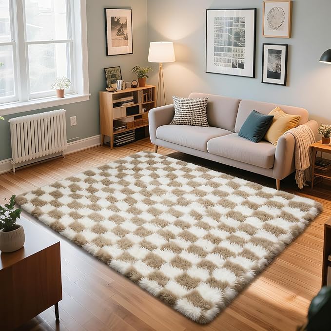 Beige and White 5x8 Area Rugs for Bedroom, Fluffy Shag Rug Bedside Carpet | - Image 3