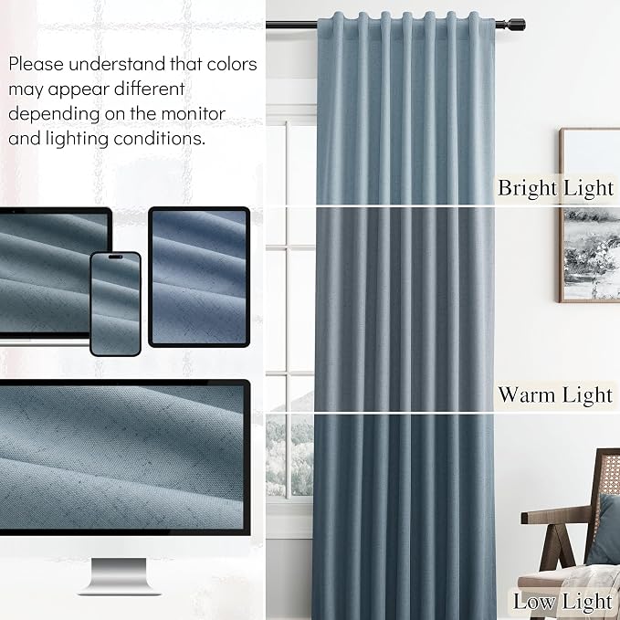 Blue Linen 100% Blackout Curtains 108 Inches Long 2 Panels Set Country - Image 8
