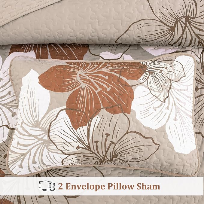 DJY Quilt California King Size, Taupe Floral Bedspread Coverlet Set 3 Pcs | - Image 7