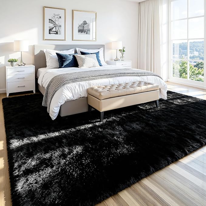 9x12 Fluffy Area Rug for Living Room: Soft Non-Slip Black Bedroom Carpet | - Image 3