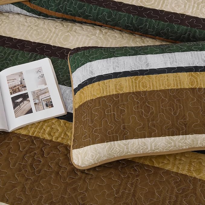 Dobuyly Queen Stripe Quilt Bedding Set, Boho Brown Lightweight Bedspread | - Image 8