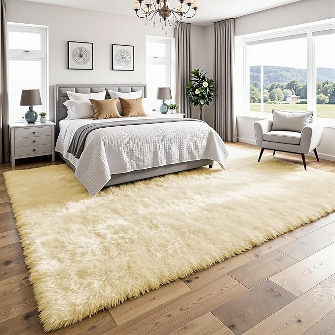 8x10 Fluffy Area Rug for Living Room: Non-Slip Cream White Bedroom Carpet | - Image 3