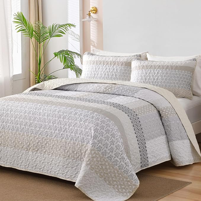 WONGS BEDDING Beige Quilt Set California King, Stripe Bedding Set | Soft by WONGSBEDDING