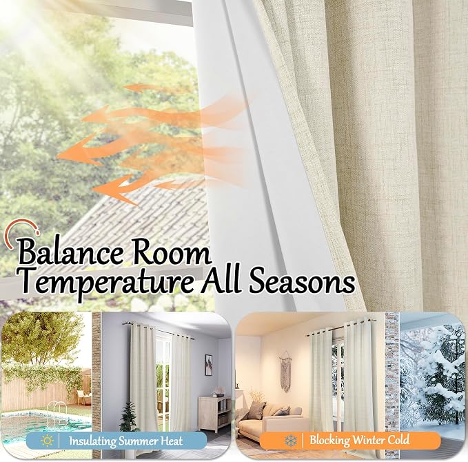 Natural Linen Blackout Curtains 84 Inch Long Each 60 Wide 2 Panels | Thermal - Image 6