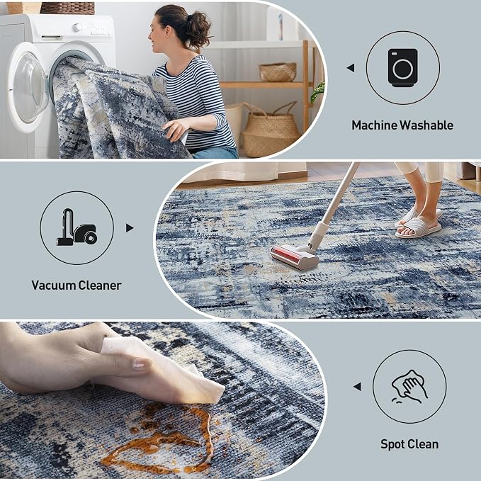 6x9 Area Rugs for Living Room: Washable Abstract Blue Gold Badroom Carpet | - Image 4