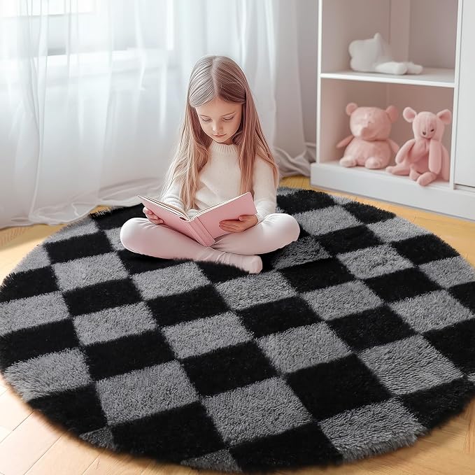 KICMOR Round Rugs 6ft Black and Grey Circle Area Rug, Fluffy Soft Fuzzy Shag by KICMOR