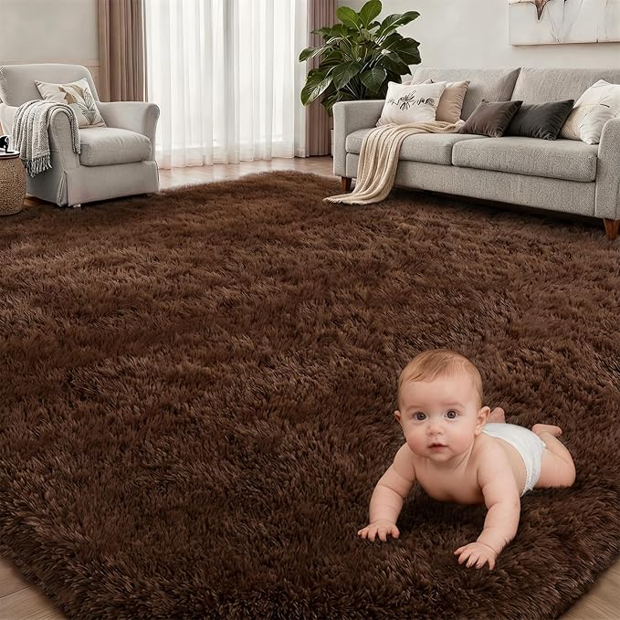 Area Rug Living Room Bedroom: 5x7 Fluffy Plush Shag Carpet Brown | - Image 2