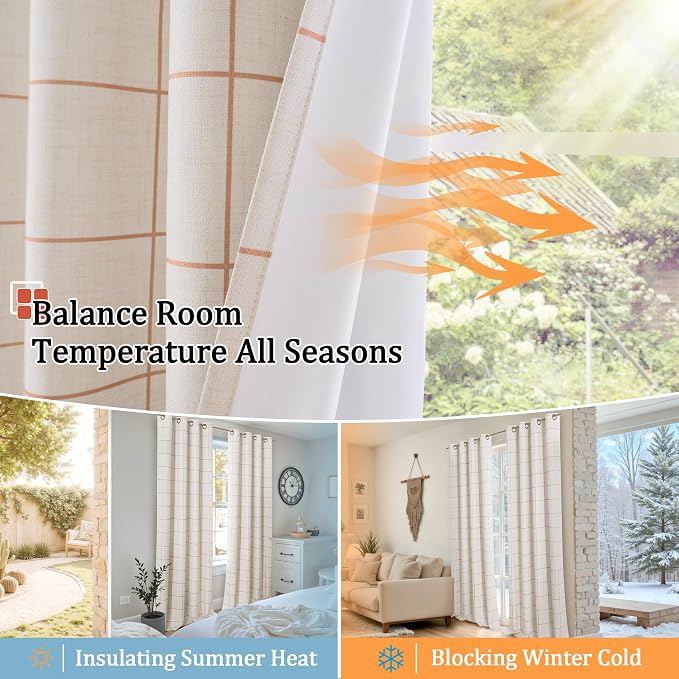 Plaid Curtains 90 Inches Long, 2 Panels Each 52 Wide, Terracotta | Linen - Image 7