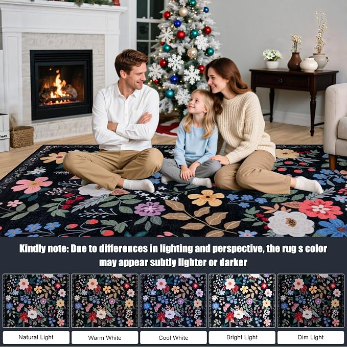 PLHXFR Area Rug 10x12 Living Room: Floral Washable Boho Soft Carpet Black | - Image 9