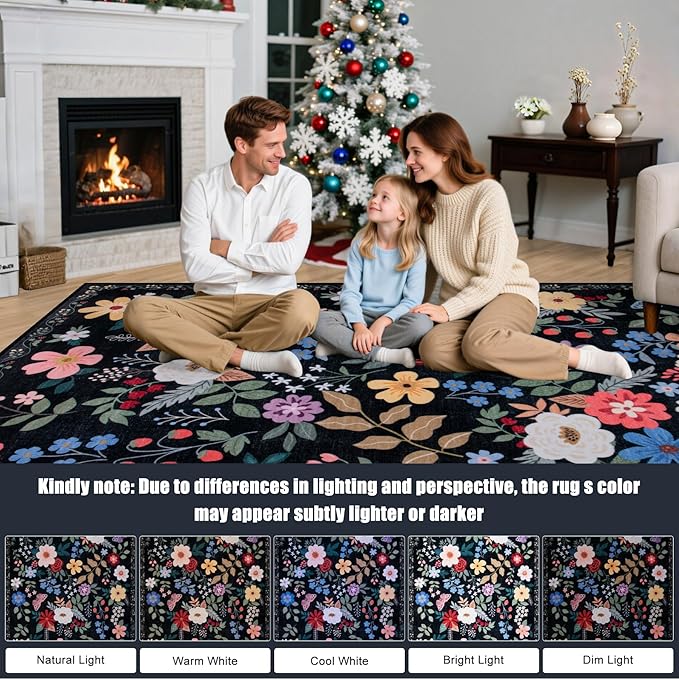 PLHXFR 2.6x10 Washable Runner Rug：Floral Indoor Kitchen Soft Carpet Black | - Image 9