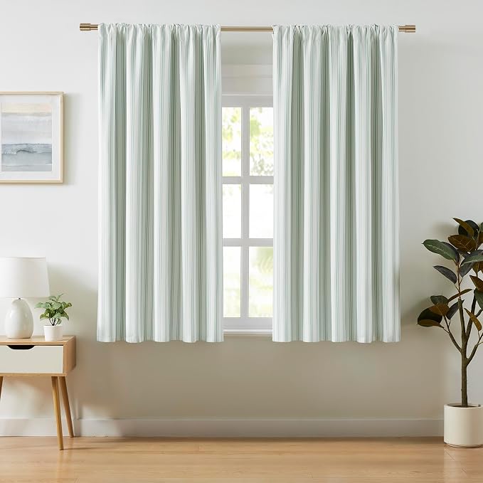 ZJDECOR Short Cotton Blend Green White Striped Blackout Curtains 63 Inch | - Image 2