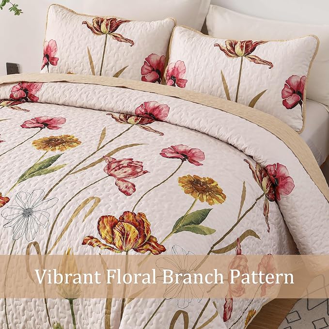 WONGS BEDDING Floral Quilt Set Queen Size, 3 Pieces Beige Bedspread | Chic - Image 8