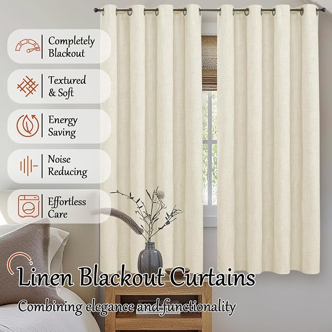 Cream Linen Blackout Curtains 63 Inch Long Each 60 Wide 2 Panels | Thermal - Image 2