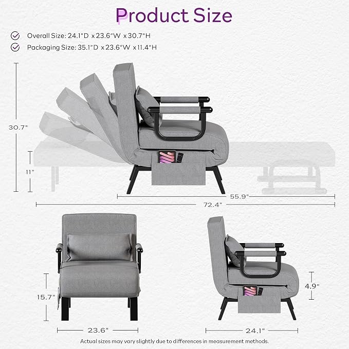 TYBOATLE Sleeper Chair Bed Set of 2, Folding Futon Sofa Bed, Light Grey | Comfy - Image 9