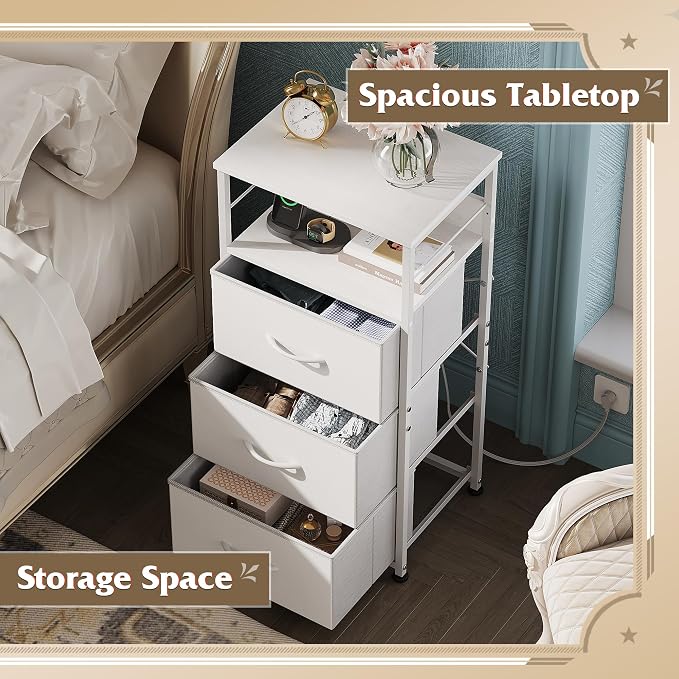 WLIVE Nightstand with Charging Station, 31.9" H Nightstand with 3 Fabric Drawers - Image 4