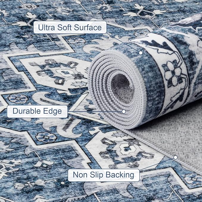 Round Area Rug for Living Room: 4ft Washable Rug for Bedroom Blue | Vintage - Image 6