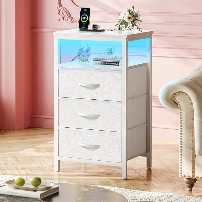 Huuger Night Stand with Charger Station and LED Lights, 3 Drawer Nightstand | - Image 2