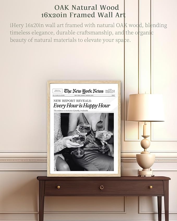 iHery 16x20in Every Hour Is Happy Hour Framed Newspaper Wall Art | Natural OAK - Image 8