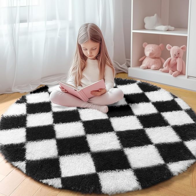 KICMOR Round Rug 4ft for Bedroom, Indoor Checkered Circular Rug for Kids Room by KICMOR