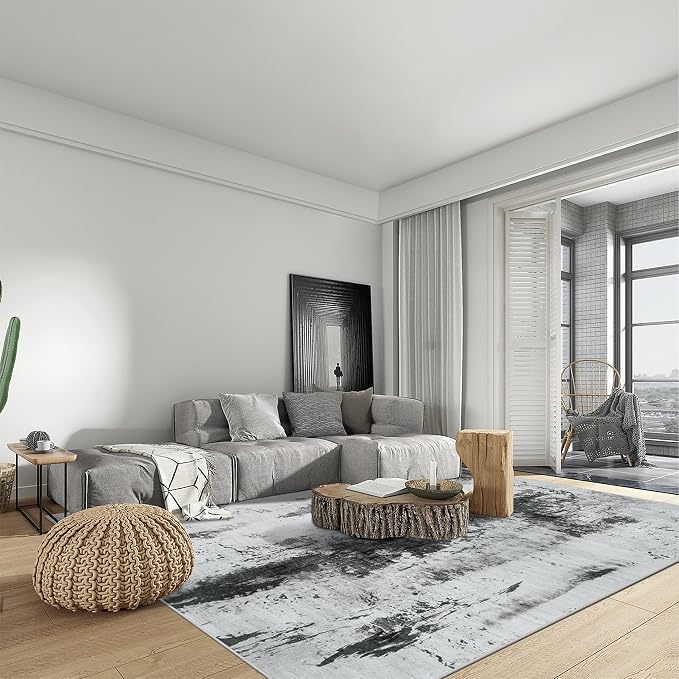 9x12 Area Rugs for Living Room: Washable Abstract Black White Grey Carpet | - Image 4