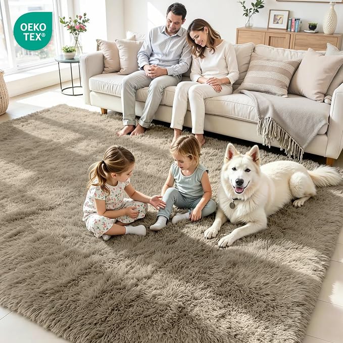 4x6 Fluffy Area Rug for Living Room: Non-Slip Grey Camel Bedroom Carpet | Ultra - Image 4