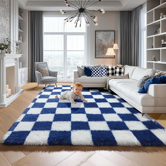 KICMOR Rugs for Living Room, Soft Fluffy Checkered Shag 5x8 Area Rug Large Big - Image 5