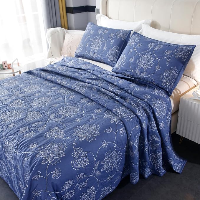 ROOMLIFE Quilt Set Full Size 3D Floral Embroidery Pattern 3-Piece Cotton by ROOMLIFE