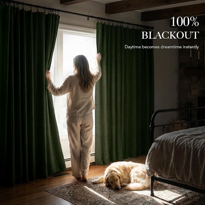RYB HOME Olive Green 100% Blackout Linen Curtains 90 Inch Long - Image 3