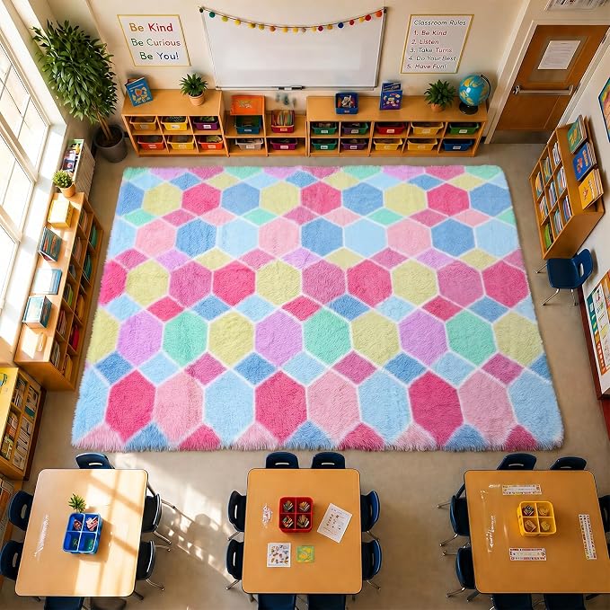 Checkered 8x10 Area Rugs for Living Room, Large Fluffy Pink Rainbow Colorful - Image 9