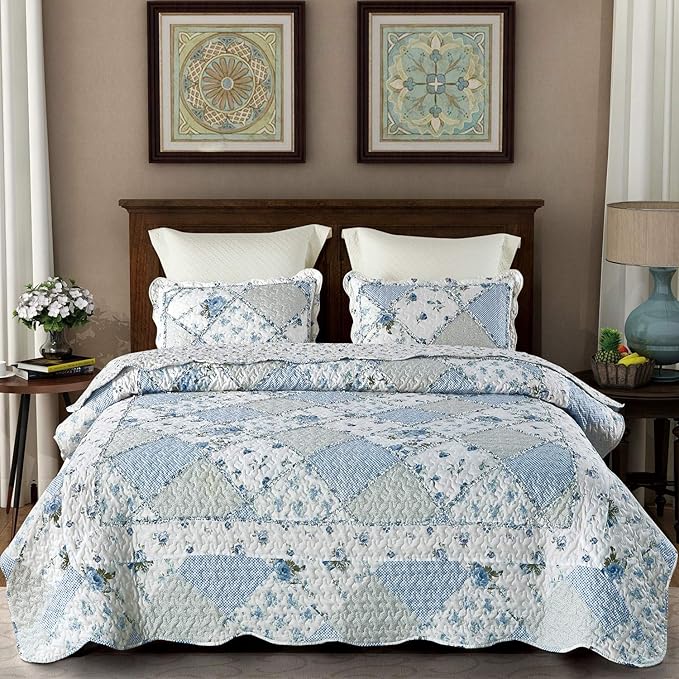 Oversized King Size Quilt Set 128x120 Blue Floral Patchwork Bedspreads Set | - Image 3