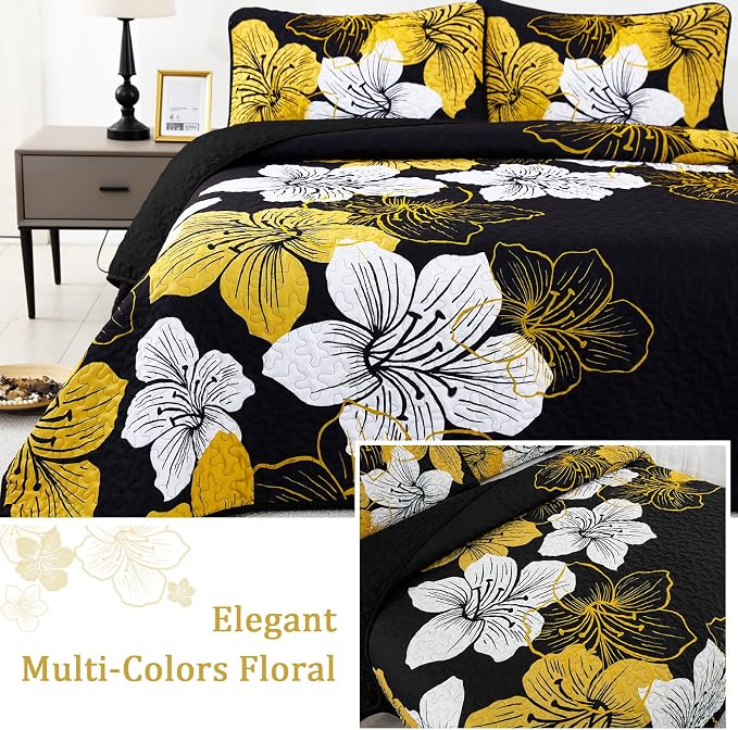 DJY Black Quilt Set King Gold Floral Pattern Quilt Coverlet Set Gorgeous Boho - Image 4