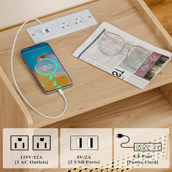 Lerliuo Rattan Nightstand with Charging Station, Boho Night Stand | Handmade - Image 6