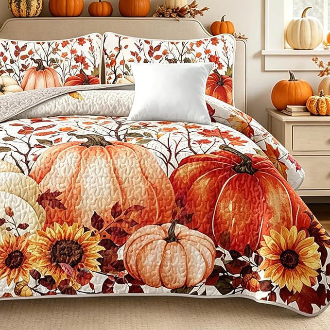 WONGS BEDDING Fall Harvest Pumpkin Quilt King Size, Thanksgiving Bedspread | - Image 2