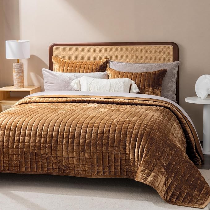 RECYCO Channel Box Stitch Velvet Quilt Set, Full Queen Size, Caramel Gold | - Image 3