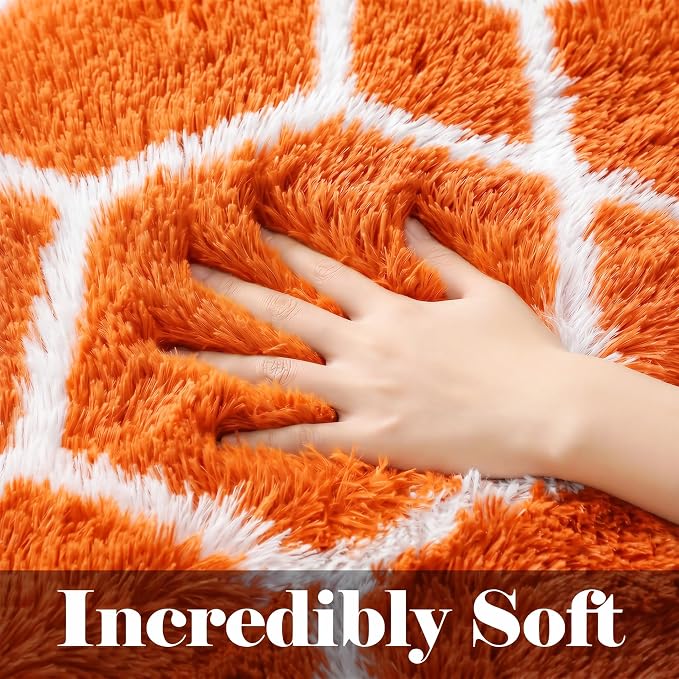 Area Rugs for Bedroom Living Room, 4x6 Fluffy Orange and White Throw Rug - Image 2